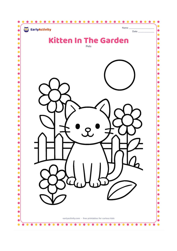 Colouring page: A kitten sits among three large flowers and two broad leaves in a simple garden. Include a low fence and a round sun in the background.