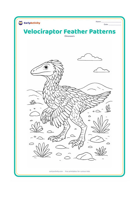 Colouring page: A side-view velociraptor pauses on a rocky plain so its layered feathers can be carefully seen along the head, neck, arms, torso, and tail. Surround it with varied feather textures,…