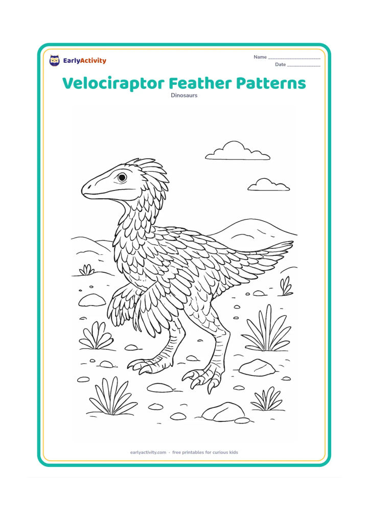 Colouring page: A side-view velociraptor pauses on a rocky plain so its layered feathers can be carefully seen along the head, neck, arms, torso, and tail. Surround it with varied feather textures,…