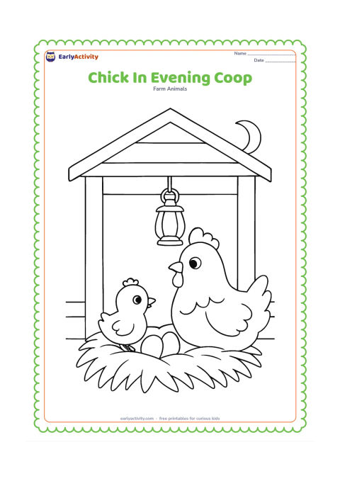 Colouring page: Draw a chick settling beside a hen inside an open coop at evening. Include a straw nest with two eggs, wooden beams, a hanging lantern with no markings, and a crescent moon outside.