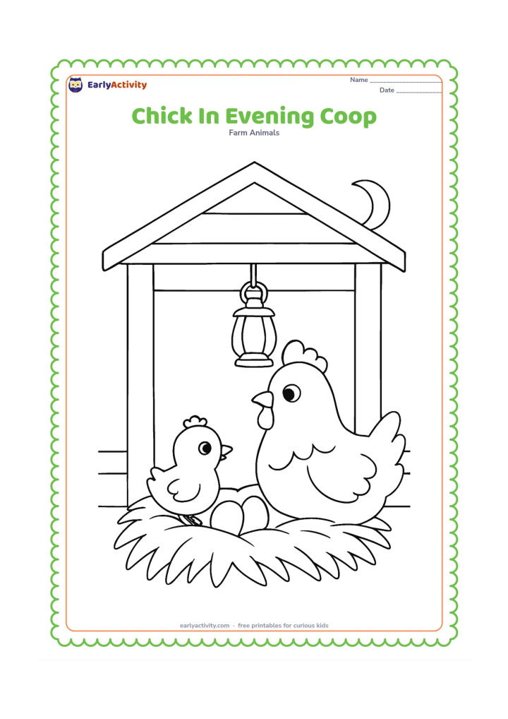 Colouring page: Draw a chick settling beside a hen inside an open coop at evening. Include a straw nest with two eggs, wooden beams, a hanging lantern with no markings, and a crescent moon outside.
