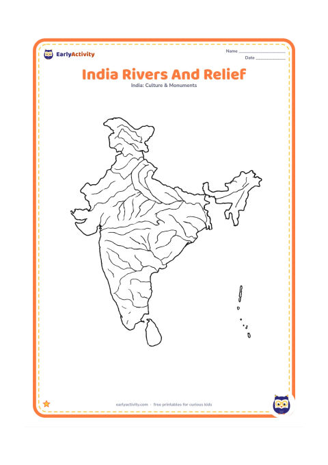 Colouring page: Create a detailed physical-style map of India showing the northern mountain arc, several branching rivers, a central plateau suggestion, and the southern peninsula, all with clear…
