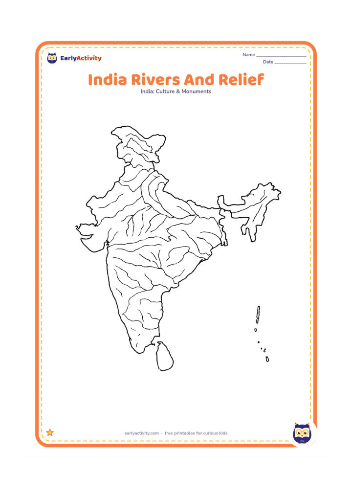 Colouring page: Create a detailed physical-style map of India showing the northern mountain arc, several branching rivers, a central plateau suggestion, and the southern peninsula, all with clear…