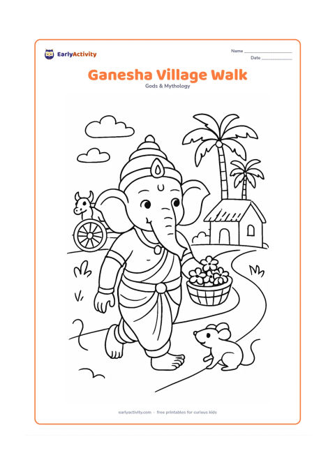 Colouring page: Lord Ganesha walks along a village path carrying a basket of flowers, with his mouse companion beside him. Include a thatched-roof home, a bullock cart, palm trees and simple clouds in…