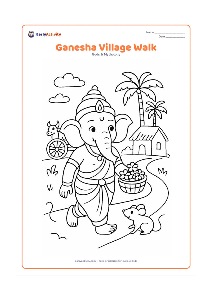 Colouring page: Lord Ganesha walks along a village path carrying a basket of flowers, with his mouse companion beside him. Include a thatched-roof home, a bullock cart, palm trees and simple clouds in…