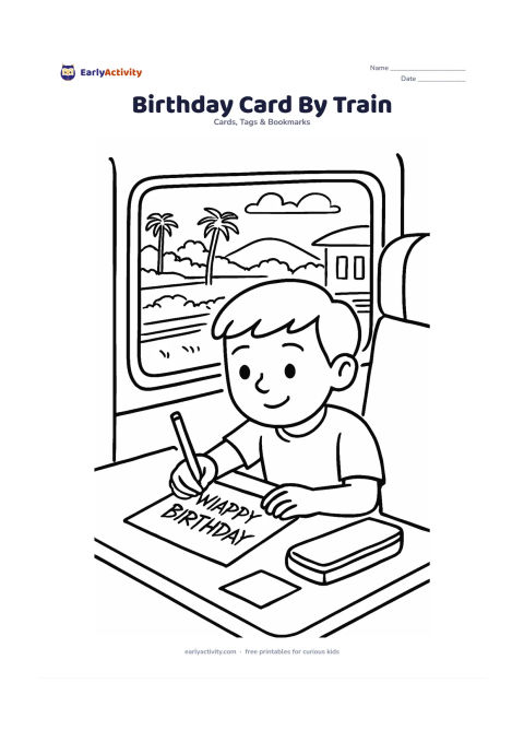 Worksheet: Show a child making a birthday card while travelling on an Indian train, with a blank card, pencil case and folded paper on the seat table. Through the window, show countryside, palm…