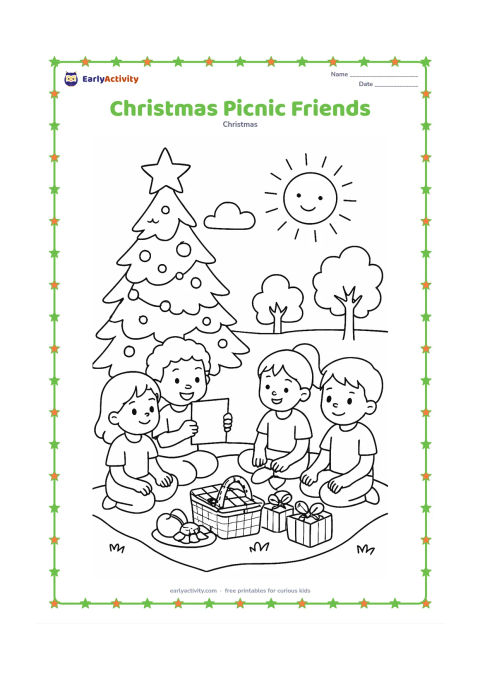 Colouring page: A group of children share a festive picnic under a decorated evergreen tree in a sunny park, with a picnic basket, wrapped gifts, fruit and a simple blanket. One child holds a plain…