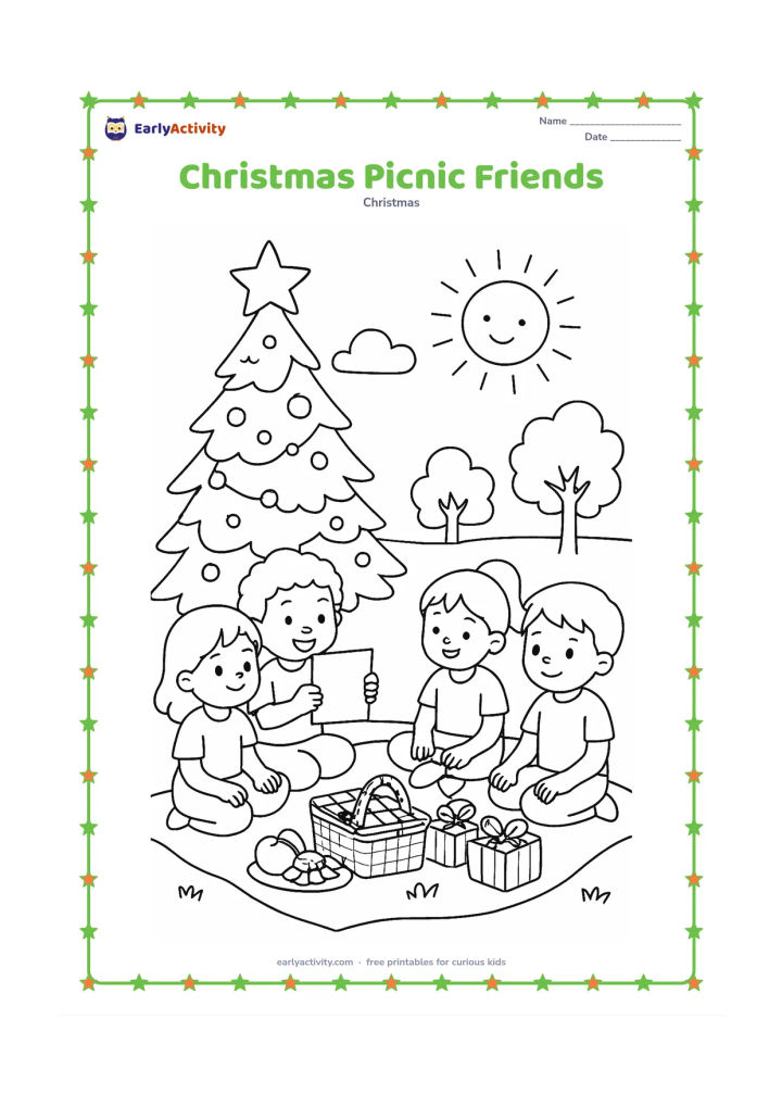 Colouring page: A group of children share a festive picnic under a decorated evergreen tree in a sunny park, with a picnic basket, wrapped gifts, fruit and a simple blanket. One child holds a plain…