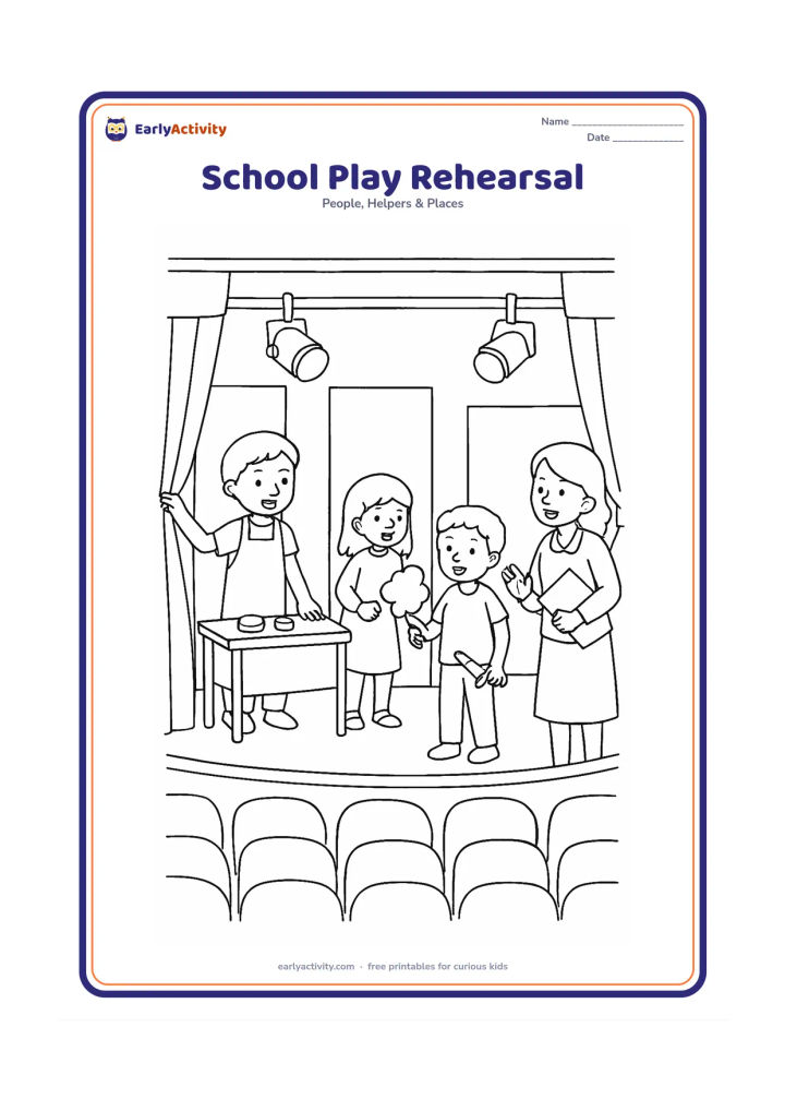 Colouring page: Children rehearse a friendly school play on a small auditorium stage: one child acts as a shopkeeper, two children hold simple props and another operates curtains while a teacher directs…