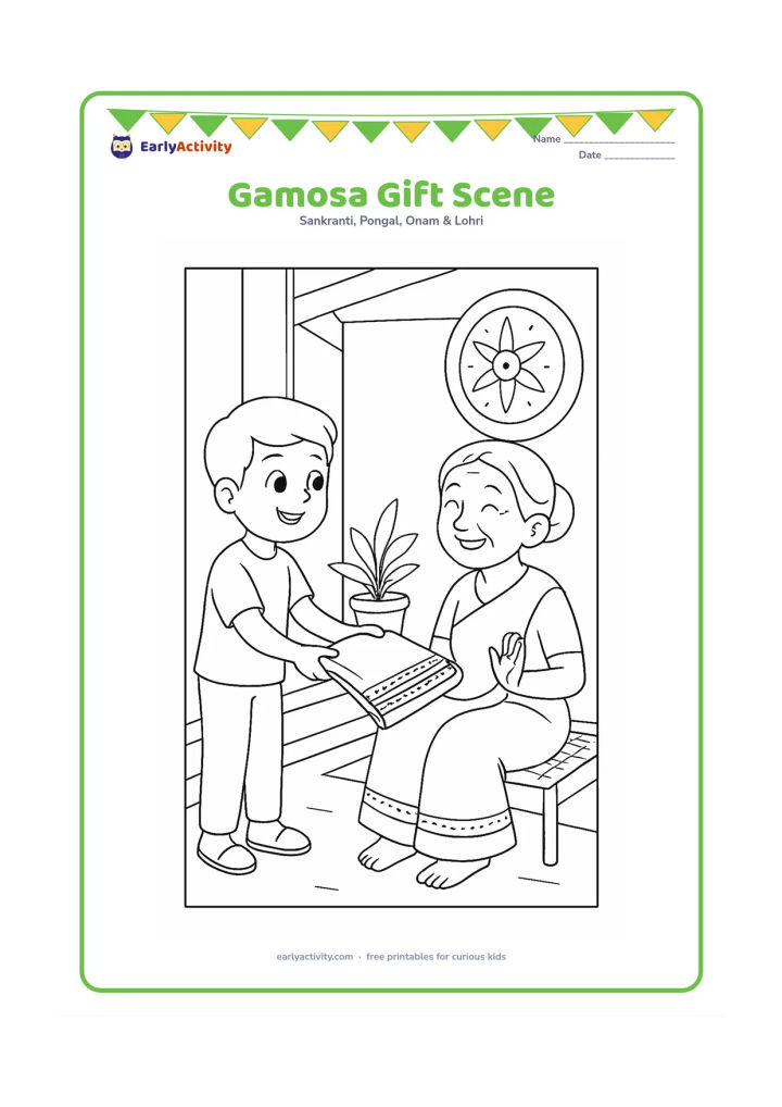 Colouring page: Draw an older child presenting a folded gamosa to a smiling grandparent on a shaded veranda. Add a jaapi hanging on the wall, a potted plant, and a simple woven mat.