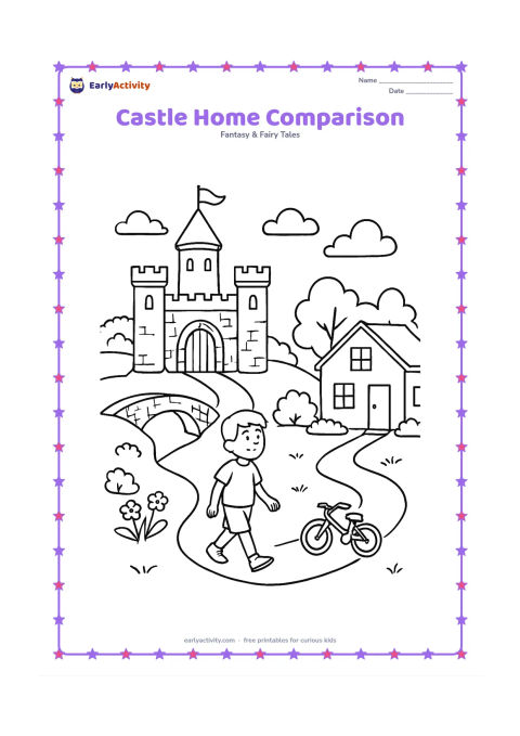 Colouring page: Draw a stone castle on one side of a gently divided landscape and a modern family home on the other, connected by a path, with a child visiting both. Include the castle gate, tower,…