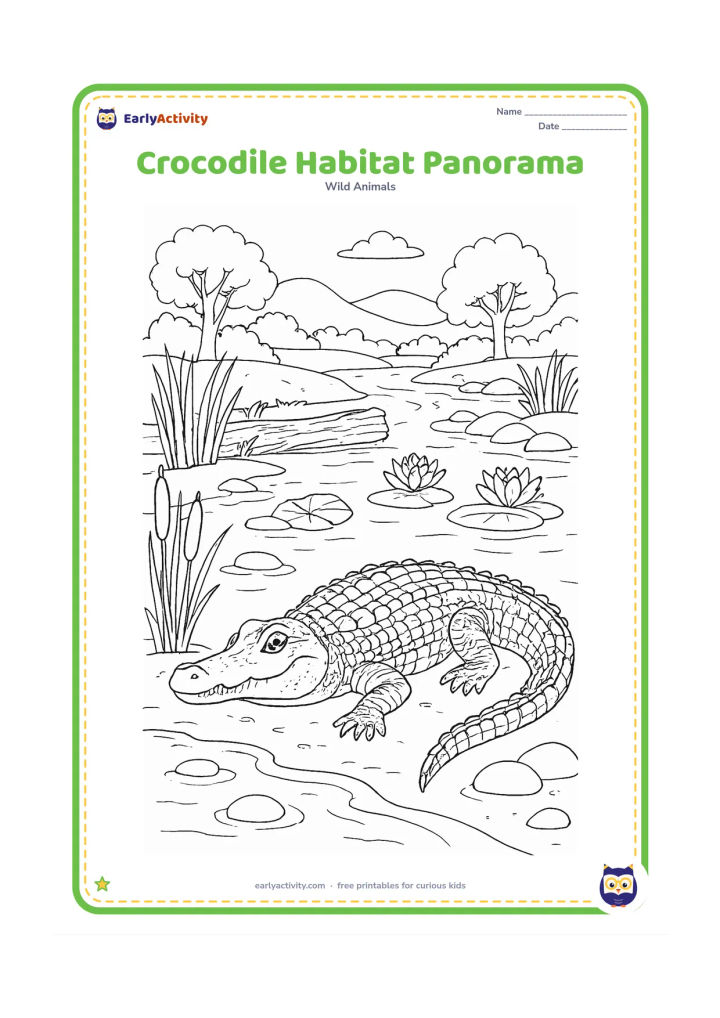 Colouring page: Draw a detailed natural river habitat with a crocodile partly in the water and partly on a muddy bank, surrounded by reeds, lotus plants, rocks, a fallen log, distant trees, and layered…