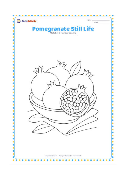 Colouring page: Draw several pomegranates arranged in a shallow bowl, including one cut open to reveal many seeds. Add two leaves, a folded cloth and soft table shadows.
