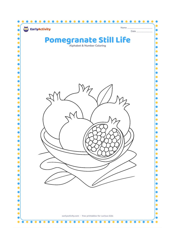 Colouring page: Draw several pomegranates arranged in a shallow bowl, including one cut open to reveal many seeds. Add two leaves, a folded cloth and soft table shadows.