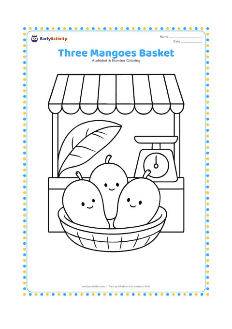 Colouring page: Draw exactly three mangoes in a shallow basket at a fruit stall, with a striped awning, one broad banana leaf and a simple weighing scale in the background. Do not add any other fruit.