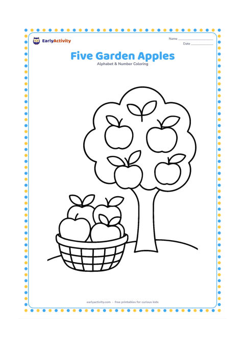 Colouring page: Draw exactly five large apples in a shallow basket beside a simple apple tree in a garden. Add broad leaves and a curved patch of grass without any extra fruit.
