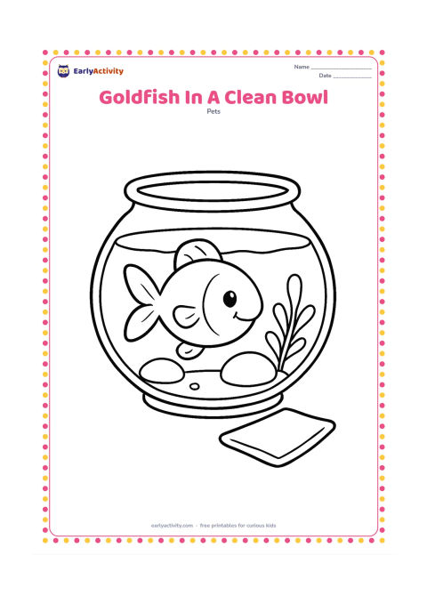 Colouring page: Draw a happy goldfish swimming in a clear, round bowl with fresh-looking water, two large clean stones and one short plant. Include a small simple cleaning cloth beside the bowl, not…