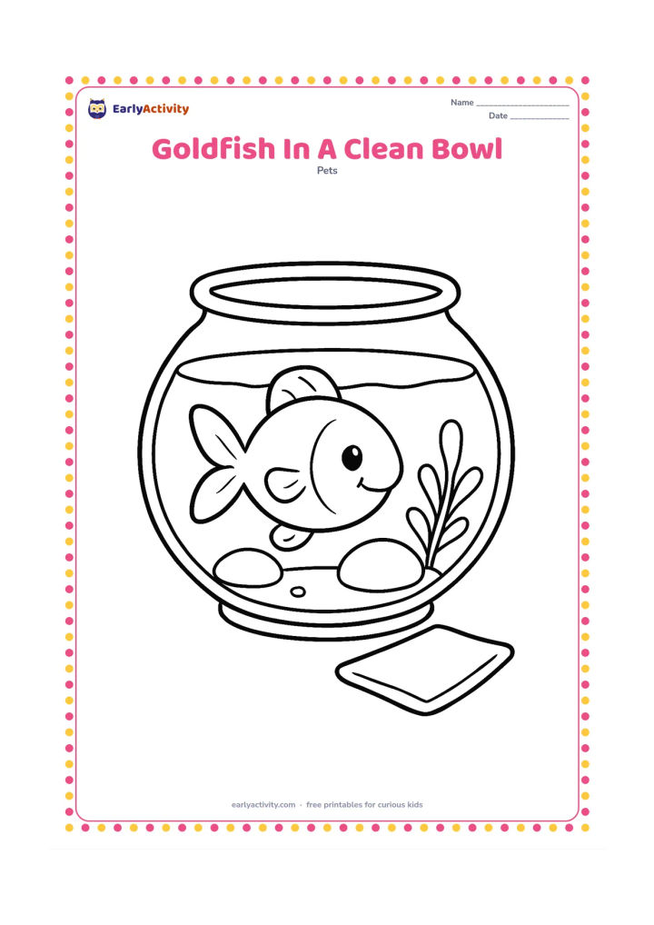 Colouring page: Draw a happy goldfish swimming in a clear, round bowl with fresh-looking water, two large clean stones and one short plant. Include a small simple cleaning cloth beside the bowl, not…