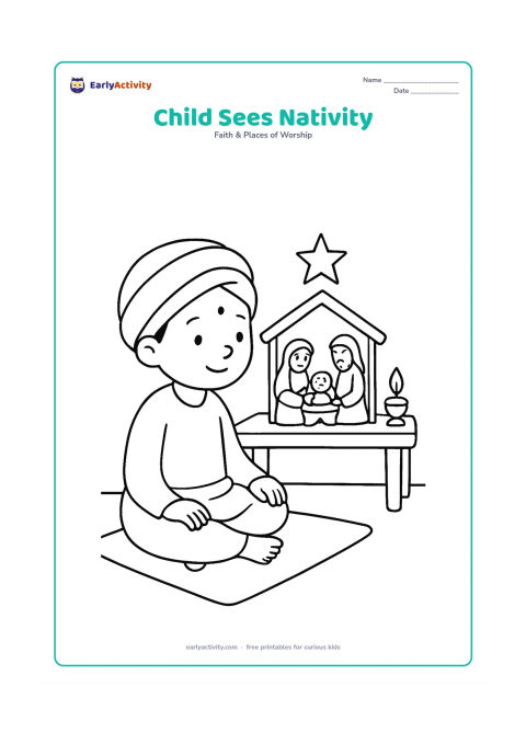 Colouring page: Show an Indian child sitting on a mat and looking at a small nativity scene with Mary, Joseph, the manger and one star. Add a low table and a simple oil lamp beside the display.
