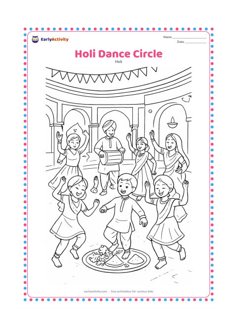 Colouring page: A circle of children and adults performs a joyful festival dance around a central plate of flowers and gulal. Show different poses, Indian clothing, ankle bells, drums, diyas, and a…