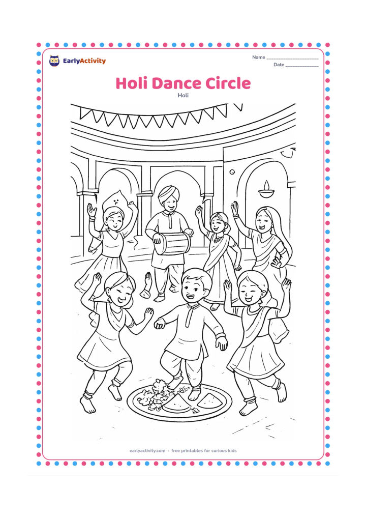 Colouring page: A circle of children and adults performs a joyful festival dance around a central plate of flowers and gulal. Show different poses, Indian clothing, ankle bells, drums, diyas, and a…