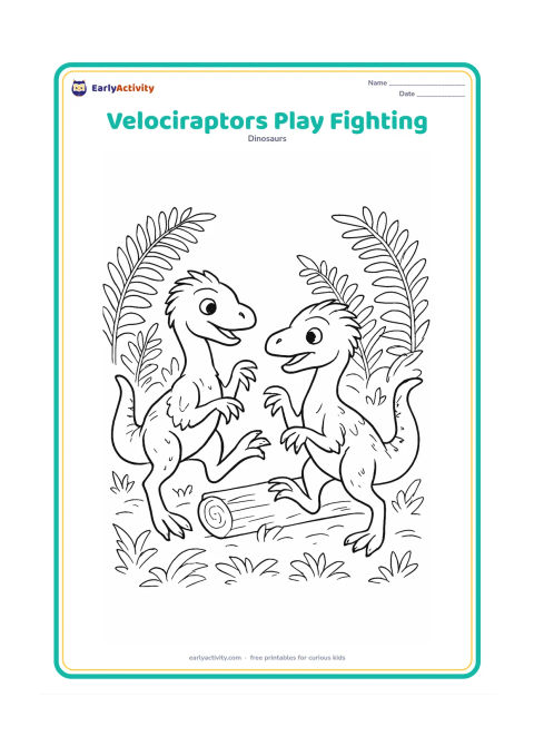 Colouring page: Two young feathered velociraptors playfully face one another with raised forearms and lifted feet, without contact or aggression. Place them in a fern-filled clearing with a fallen log…