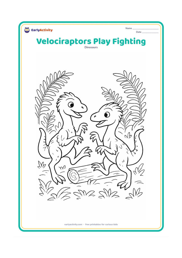 Colouring page: Two young feathered velociraptors playfully face one another with raised forearms and lifted feet, without contact or aggression. Place them in a fern-filled clearing with a fallen log…