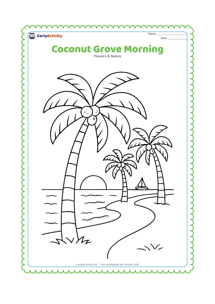 Colouring page: Draw three coconut palms at different distances beside a coastal path, with large fronds, visible coconuts, a rising sun, and a small fishing boat far away. Keep the foreground palm largest.