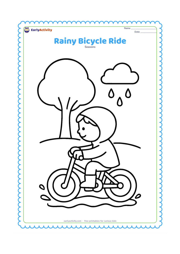 Colouring page: A child rides a simple bicycle slowly through a shallow puddle while wearing a raincoat. Show a large umbrella-shaped tree, one cloud and a few raindrops in the background.