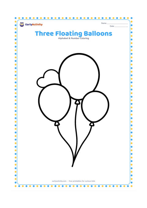Colouring page: Draw three large balloons floating above a simple bundle of curved strings, with one small cloud behind them. Vary the balloon sizes and place them across the upper half of the page.