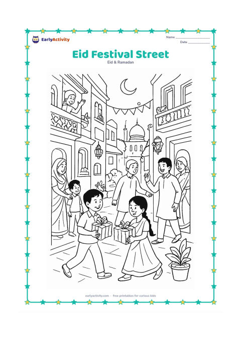 Colouring page: A lively Indian neighbourhood street has families visiting one another, children carrying gifts, decorated balconies, potted plants, lanterns, and a mosque dome in the distance beneath…