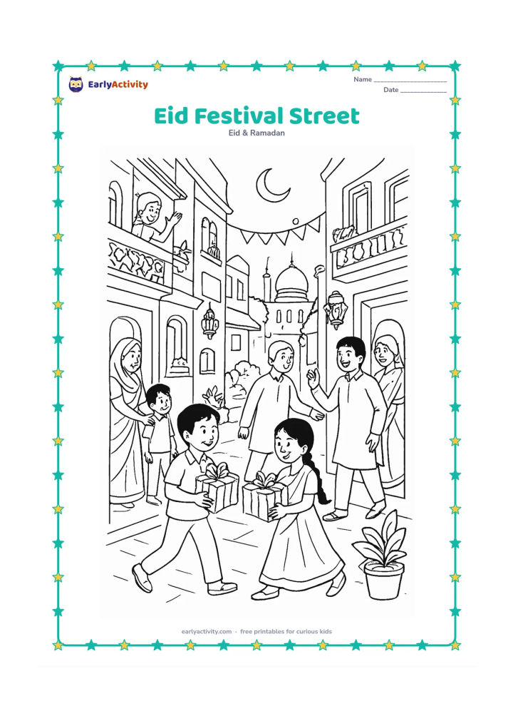 Colouring page: A lively Indian neighbourhood street has families visiting one another, children carrying gifts, decorated balconies, potted plants, lanterns, and a mosque dome in the distance beneath…