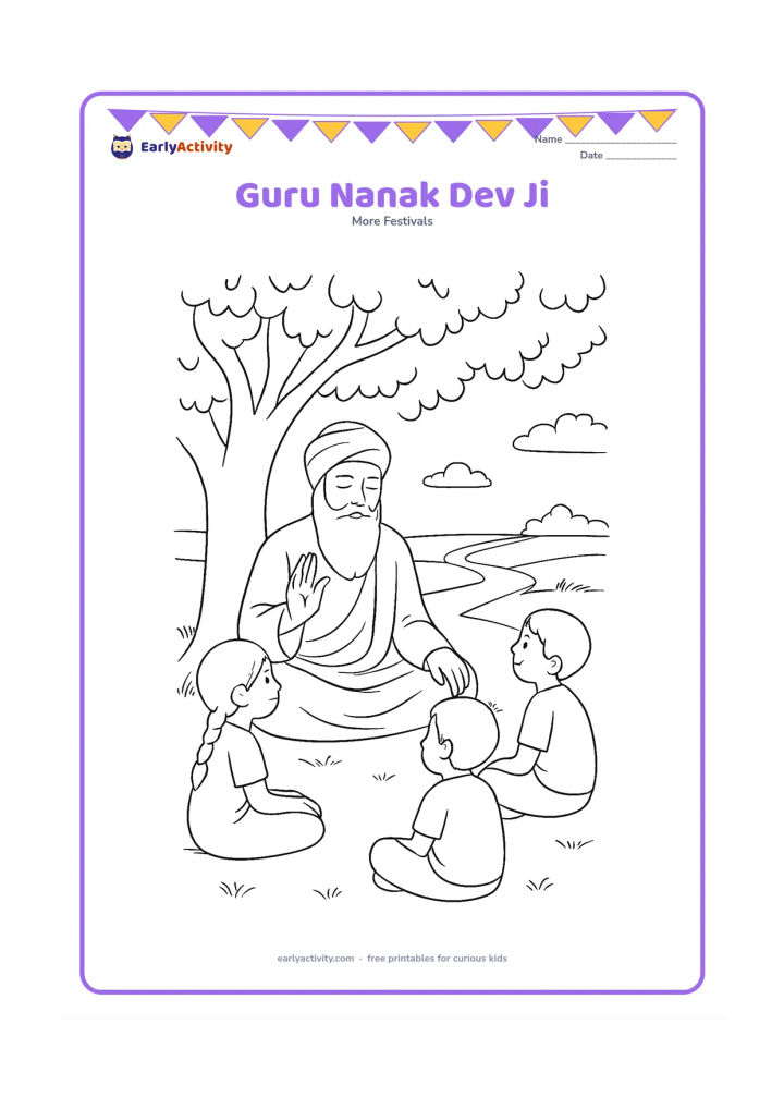 Colouring page: Draw a respectful child-friendly scene of Guru Nanak Dev Ji seated calmly beneath a tree, with a gentle expression, simple robes and a small group of children listening nearby. Add an…