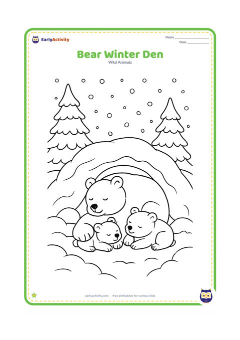 Colouring page: A mother bear rests with two cubs at the entrance of a snowy den, surrounded by snow-covered fir trees, rounded snowdrifts, and falling snow.
