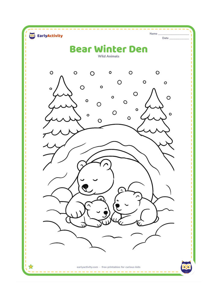 Colouring page: A mother bear rests with two cubs at the entrance of a snowy den, surrounded by snow-covered fir trees, rounded snowdrifts, and falling snow.