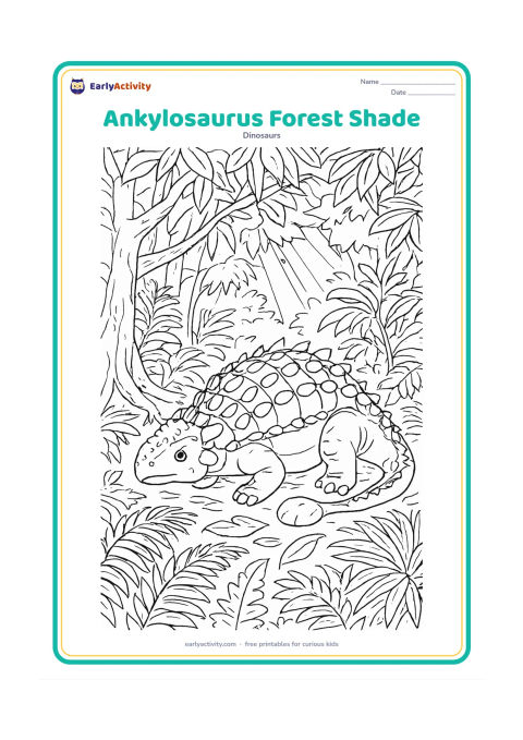 Colouring page: An Ankylosaurus rests beneath a dense prehistoric forest canopy, surrounded by overlapping ferns, tree roots, fallen leaves and shafts of open light. Its armour and club tail should…