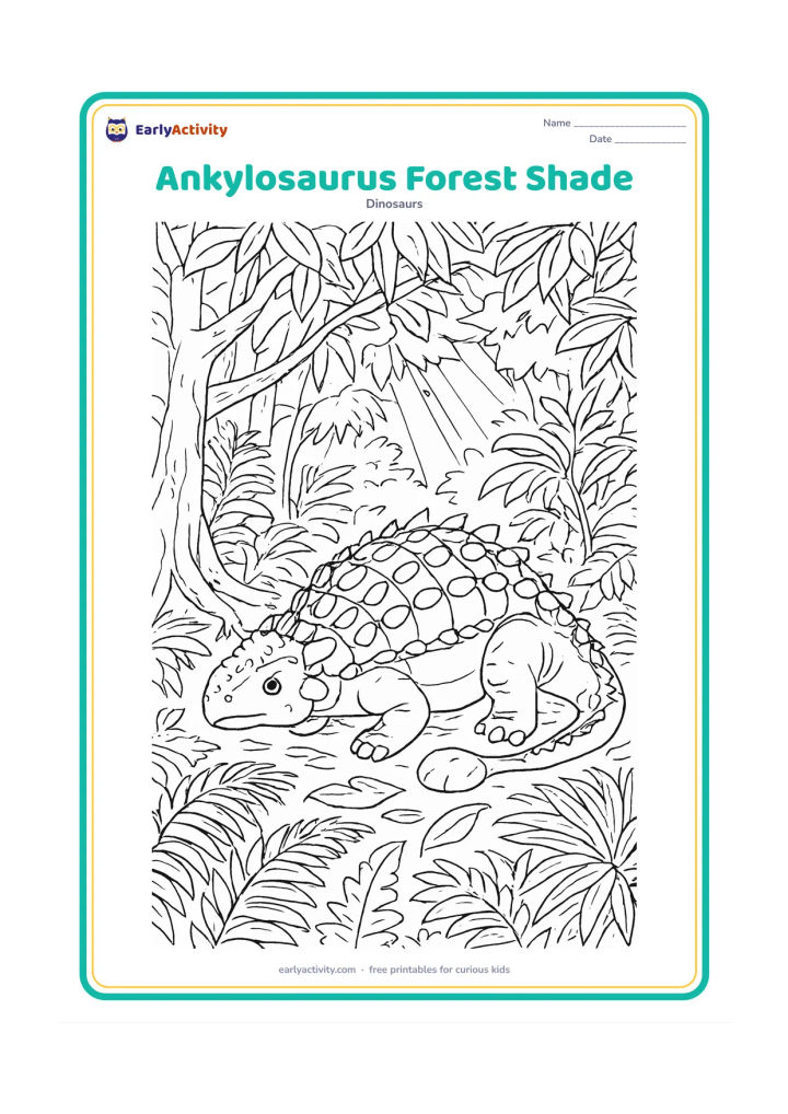 Colouring page: An Ankylosaurus rests beneath a dense prehistoric forest canopy, surrounded by overlapping ferns, tree roots, fallen leaves and shafts of open light. Its armour and club tail should…