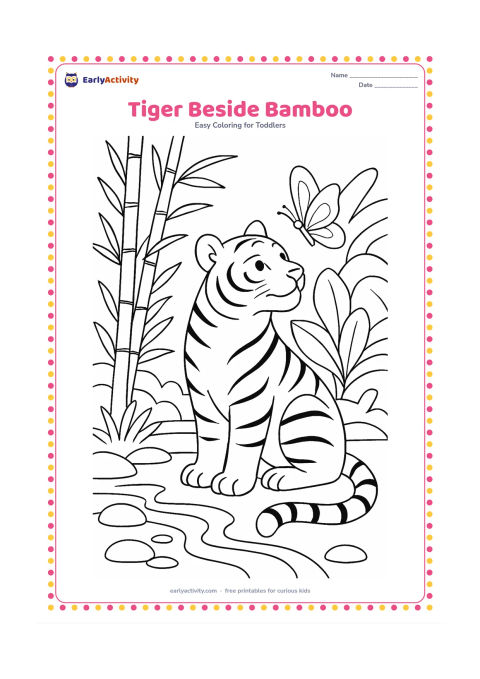 Colouring page: Draw a calm tiger sitting beside tall bamboo while looking toward a butterfly. Include a shallow stream, smooth stones and layered jungle leaves behind it.