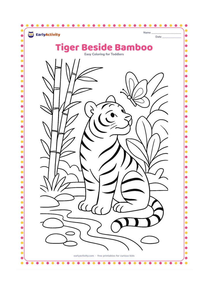 Colouring page: Draw a calm tiger sitting beside tall bamboo while looking toward a butterfly. Include a shallow stream, smooth stones and layered jungle leaves behind it.