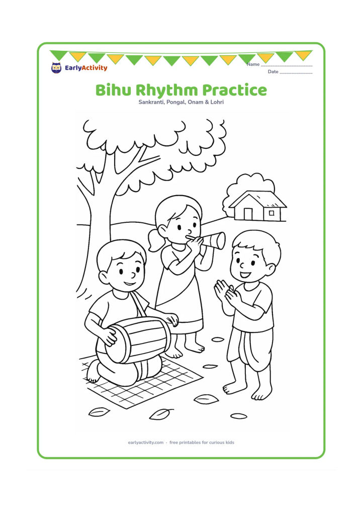 Colouring page: Draw three children practising a Bihu rhythm under a tree: one taps a dhol, one holds a pepa, and one claps. Add a woven mat, scattered leaves, and a village house in the distance.