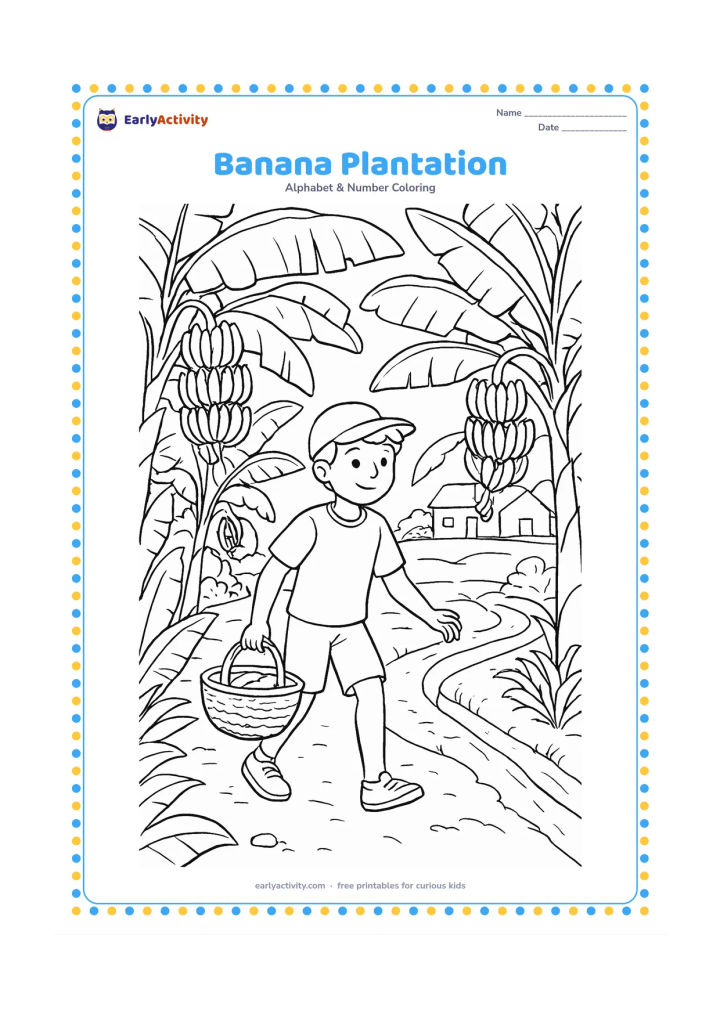 Colouring page: Draw a child walking along a path through an Indian banana plantation, carrying a basket while large banana leaves overlap around the scene. Show several bunches of bananas, a small…