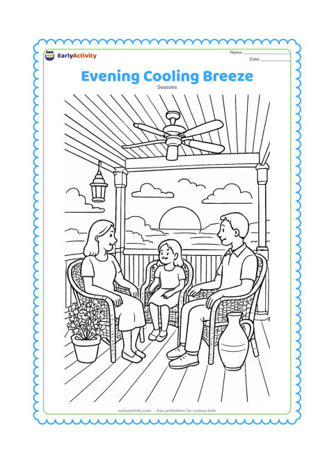 Colouring page: At summer evening, a family sits on a veranda beneath a ceiling fan and enjoys a breeze, with a lantern, potted jasmine, woven chairs, a water jug and the setting sun beyond.