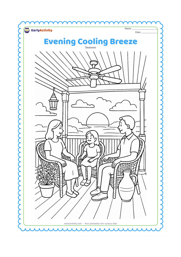 Colouring page: At summer evening, a family sits on a veranda beneath a ceiling fan and enjoys a breeze, with a lantern, potted jasmine, woven chairs, a water jug and the setting sun beyond.