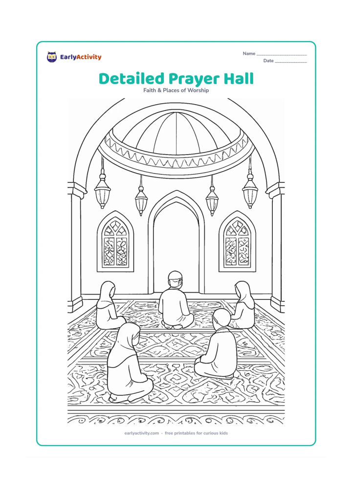 Colouring page: Draw a peaceful interior prayer hall with a richly patterned carpet, domed ceiling, arched windows, hanging lamps and several people seated respectfully. Keep the sacred front area…