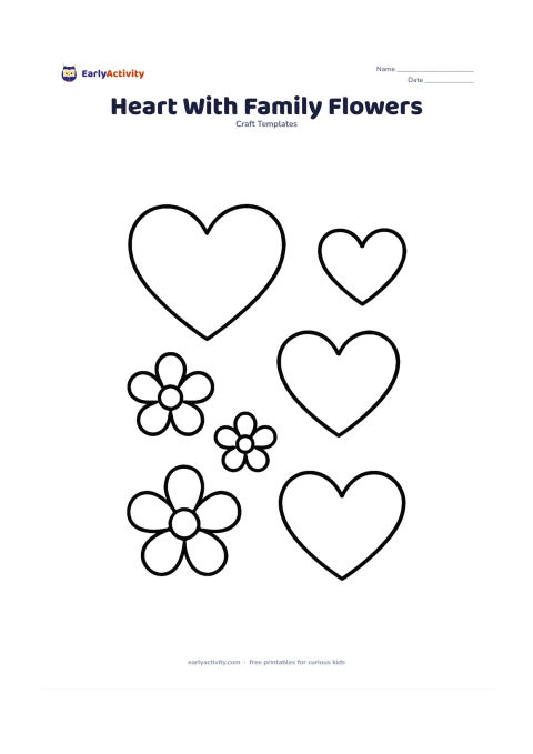 Worksheet: Draw three empty heart outlines in different sizes beside three very simple flower shapes, suggesting a family craft activity without showing people. Arrange them in a clear cluster with…