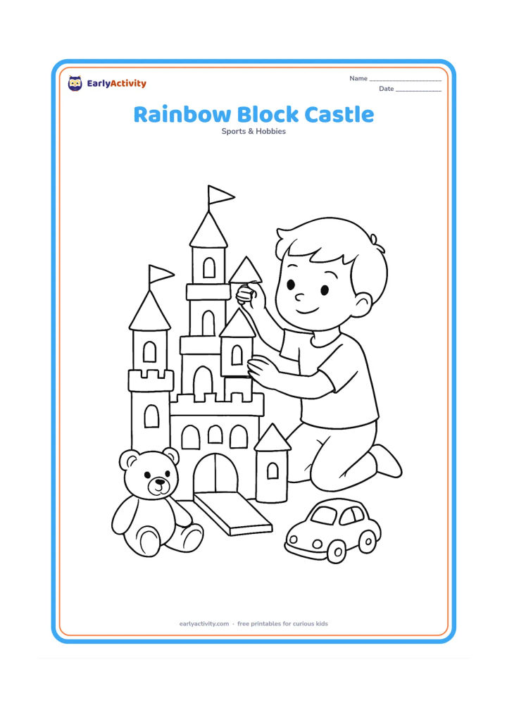 Colouring page: A child constructs a tall fantasy castle from many building blocks, including towers, arches, flags without markings and a drawbridge. Place a teddy bear and toy car outside the castle.