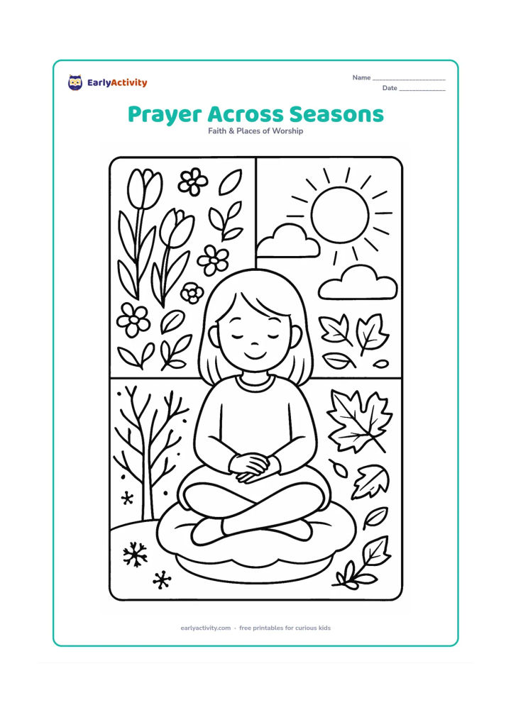 Colouring page: A central child sits with folded hands on a cushion while four surrounding garden sections show spring flowers, summer sun, autumn leaves, and winter trees.