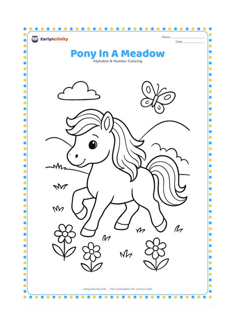 Colouring page: Draw a small pony trotting through a meadow, with its mane and tail flowing. Add distant hills, three flowers and a butterfly in the open sky.