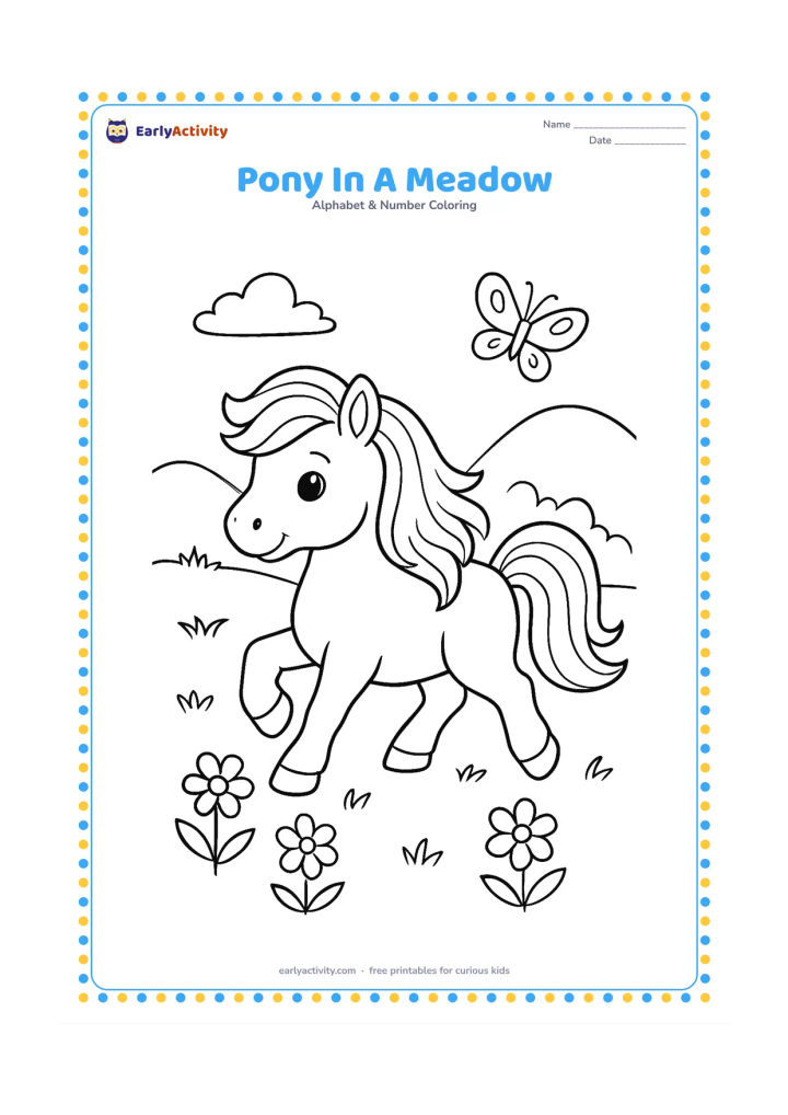 Colouring page: Draw a small pony trotting through a meadow, with its mane and tail flowing. Add distant hills, three flowers and a butterfly in the open sky.