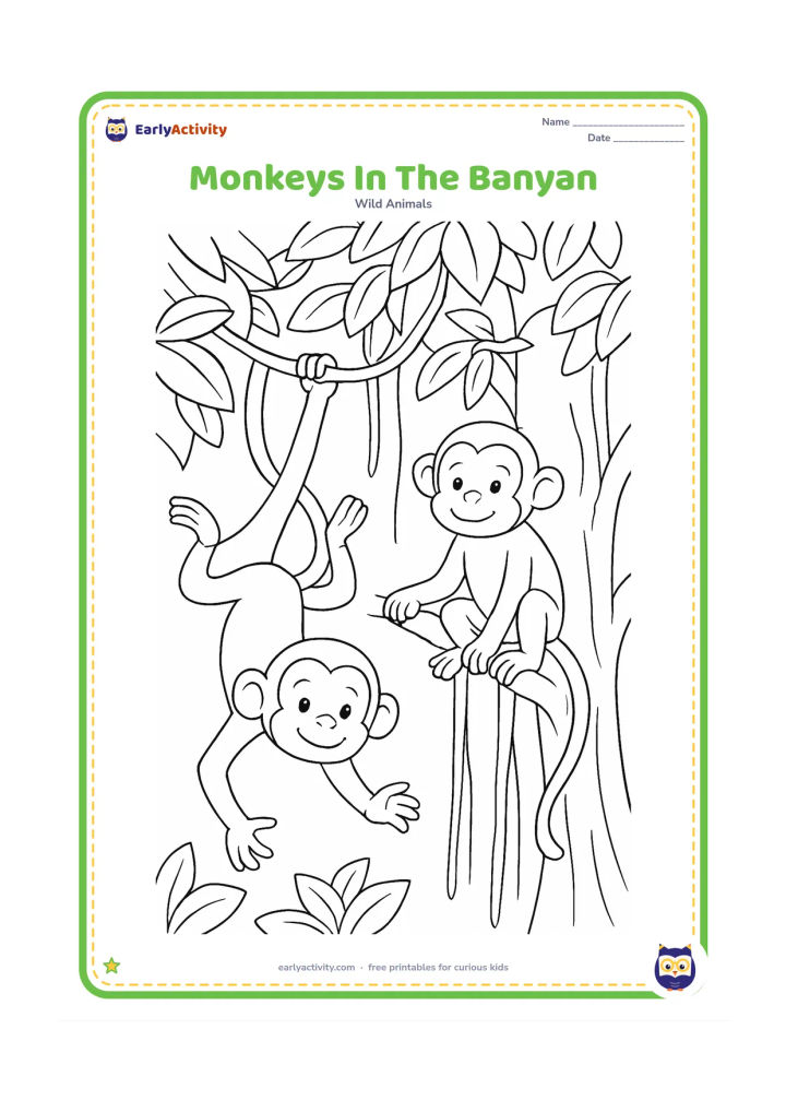 Colouring page: Two friendly monkeys swing from thick banyan tree roots, one hanging upside down and one sitting on a branch. Add layered leaves and a few hanging roots.